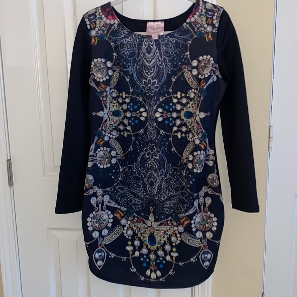 Romeo & Juliet jewel print dress with black back and sleeves.